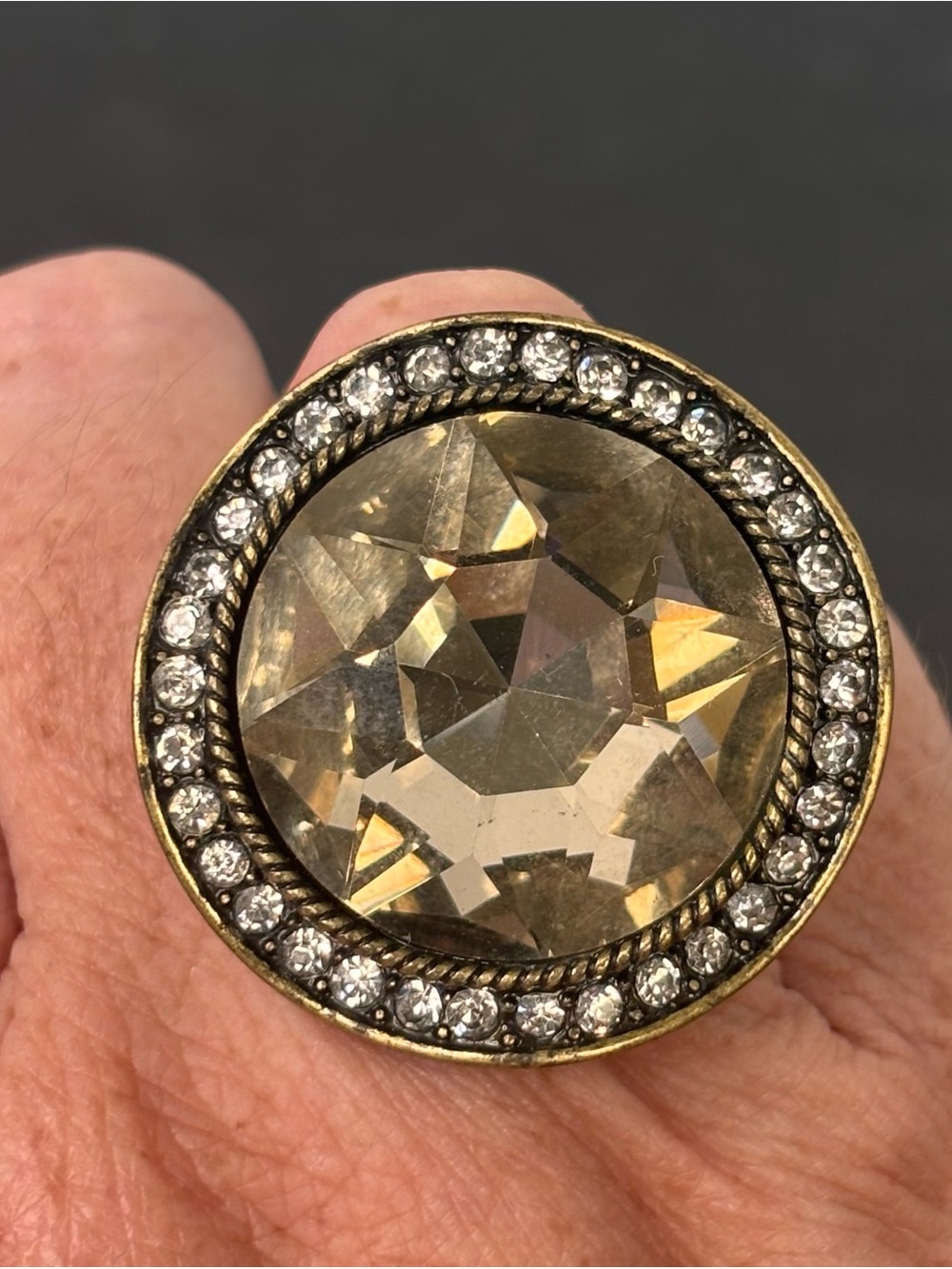 Vintage Style Chunky Round Smoky Crystal Stretch Cocktail Ring Gold Tone Halo